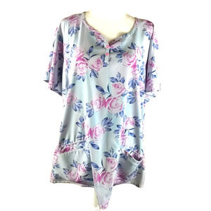 Healing Hands Women's Scrub Top Size 2 X Light Blue Roses Feminine Medical